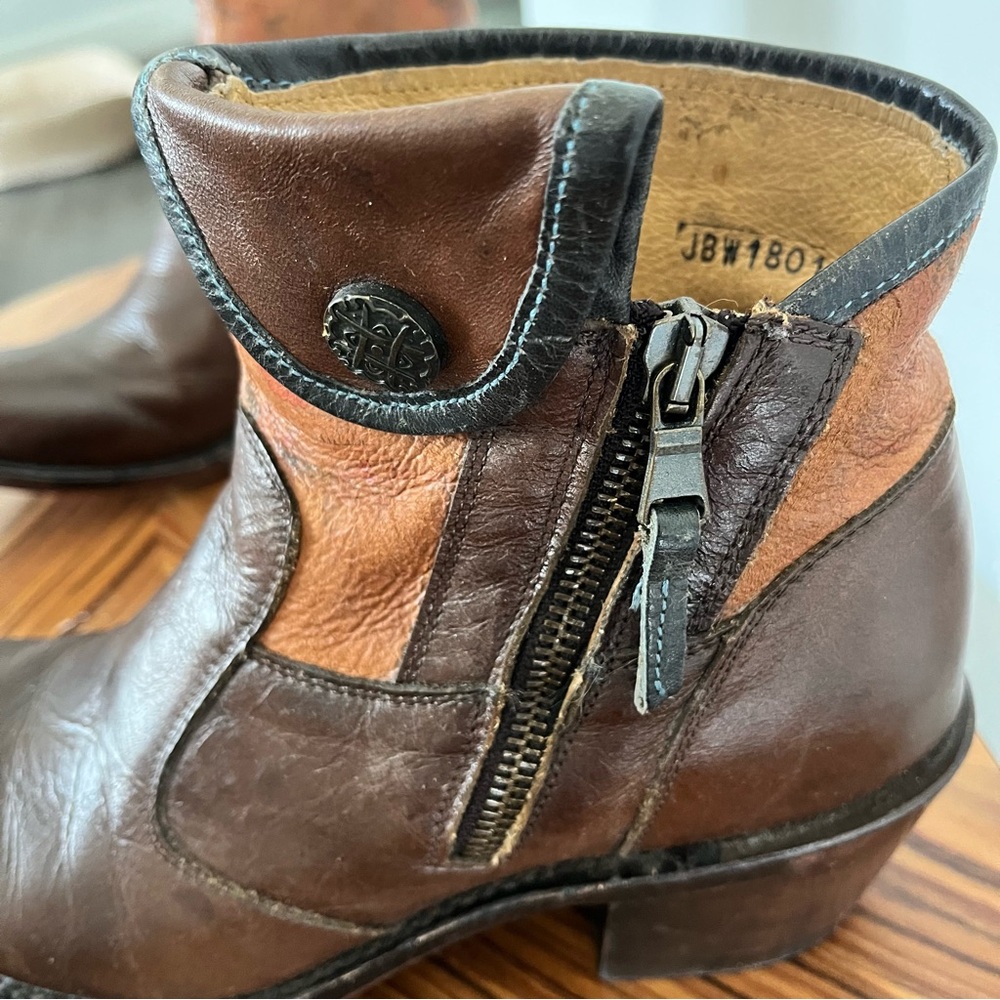 J.B. Dillon Western Cowboy 2 Tone Brown Leather Ankle Boots with Side Zip 7 1/2 - Picture 6 of 17